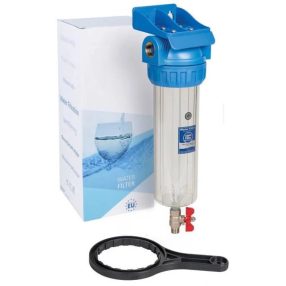   10"-os átlátszó szűrőház leeresztő csappal, szűrőház kulccsal és tartó konzollal 1" csatlakozással, Aquafilter